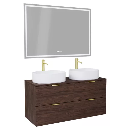 HD Salerno Matt Hazel 120 komplett fürdőszoba bútor fali mosdószekrénnyel, szálcsiszolt arany fogantyúkkal, mogyoró színű mosdópulttal és tükörrel