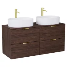 HD Salerno Matt Hazel 120 komplett fürdőszoba bútor fali mosdószekrénnyel, szálcsiszolt arany fogantyúkkal, mogyoró színű mosdópulttal és tükörrel