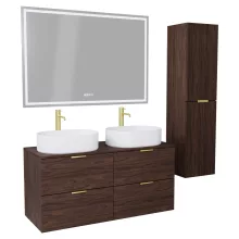 HD Salerno Matt Hazel 120 komplett fürdőszoba bútor szett fali mosdószekrénnyel, szálcsiszolt arany fogantyúval, mogyoró színű mosdópulttal, tükörrel és magasszekrénnyel