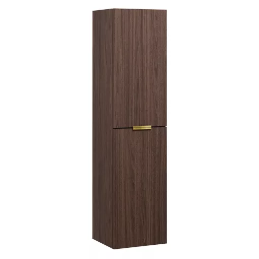 HD Salerno Matt Hazel 120 komplett fürdőszoba bútor szett fali mosdószekrénnyel, szálcsiszolt arany fogantyúval, mogyoró színű mosdópulttal, tükörrel és magasszekrénnyel