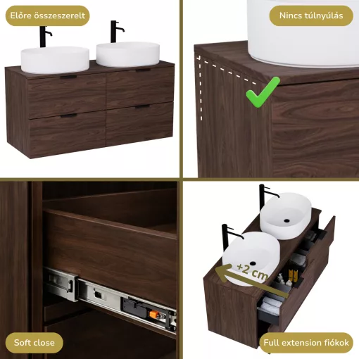 HD Salerno Matt Hazel 120 komplett fürdőszoba bútor fali mosdószekrénnyel, matt fekete fogantyúkkal, mogyoró színű mosdópulttal és tükörrel