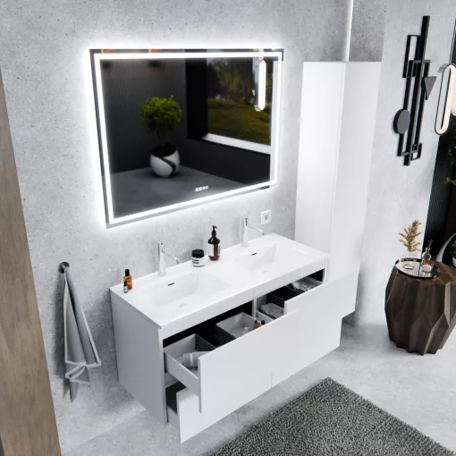 HD Aria Pro Silk Matt White 120 fali mosdószekrény, push-to-open mechanizmussal, fényes fehér slim mosdóval