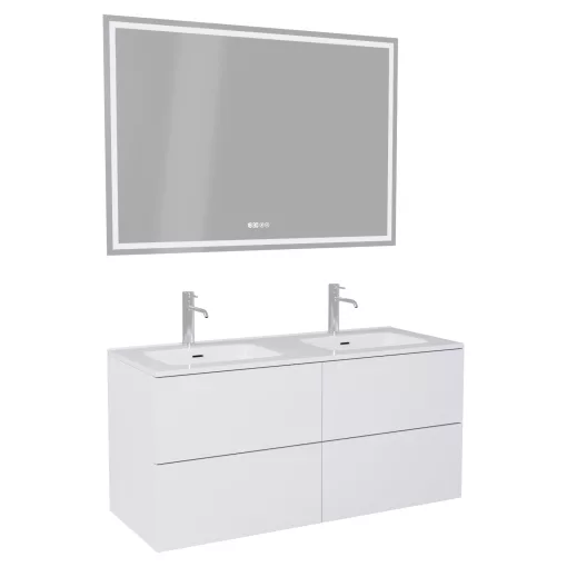 HD Aria Pro Silk Matt White 120 komplett fürdőszoba bútor fali push-to-open mosdószekrénnyel, fényes fehér slim mosdóval és tükörrel
