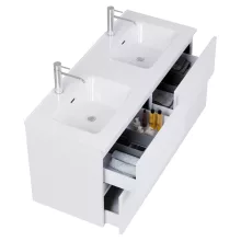 HD Aria Pro Silk Matt White 120 komplett fürdőszoba bútor fali push-to-open mosdószekrénnyel, fényes fehér slim mosdóval és tükörrel