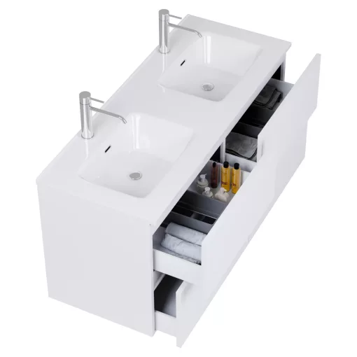 HD Aria Pro Silk Matt White 120 komplett fürdőszoba bútor fali push-to-open mosdószekrénnyel, fényes fehér slim mosdóval és tükörrel