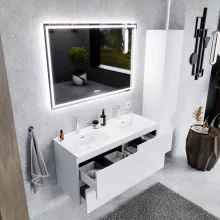 HD Aria Pro Silk Matt White 120 komplett fürdőszoba bútor fali push-to-open mosdószekrénnyel, fényes fehér slim mosdóval és tükörrel
