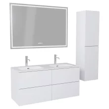 HD Aria Pro Silk Matt White 120 komplett fürdőszoba bútor szett fali push-to-open mosdószekrénnyel, fényes fehér slim mosdóval, tükörrel és magasszekrénnyel