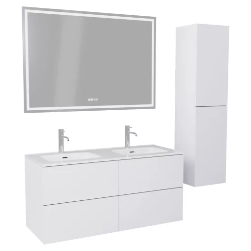HD Aria Pro Silk Matt White 120 komplett fürdőszoba bútor szett fali push-to-open mosdószekrénnyel, fényes fehér slim mosdóval, tükörrel és magasszekrénnyel