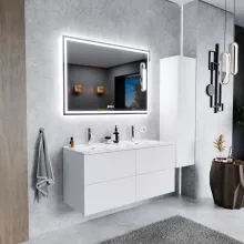HD Aria Pro Silk Matt White 120 komplett fürdőszoba bútor szett fali push-to-open mosdószekrénnyel, fényes fehér slim mosdóval, tükörrel és magasszekrénnyel