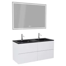 HD Aria Pro Silk Matt White 120 komplett fürdőszoba bútor fali push-to-open mosdószekrénnyel, matt fekete slim mosdóval és tükörrel