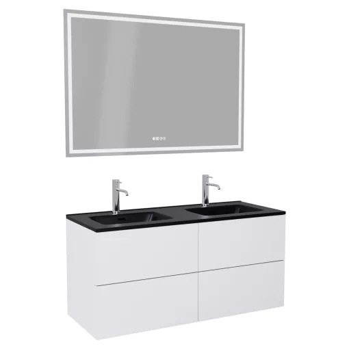HD Aria Pro Silk Matt White 120 komplett fürdőszoba bútor fali push-to-open mosdószekrénnyel, matt fekete slim mosdóval és tükörrel