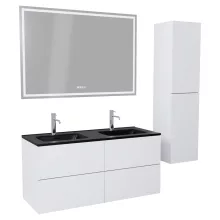 HD Aria Pro Silk Matt White 120 komplett fürdőszoba bútor szett fali push-to-open mosdószekrénnyel, matt fekete slim mosdóval, tükörrel és magasszekrénnyel