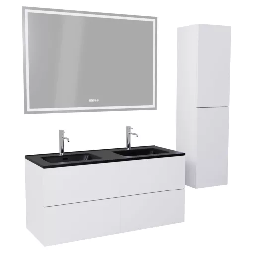HD Aria Pro Silk Matt White 120 komplett fürdőszoba bútor szett fali push-to-open mosdószekrénnyel, matt fekete slim mosdóval, tükörrel és magasszekrénnyel