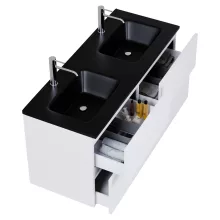 HD Aria Pro Silk Matt White 120 komplett fürdőszoba bútor szett fali push-to-open mosdószekrénnyel, matt fekete slim mosdóval, tükörrel és magasszekrénnyel