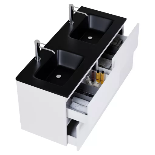 HD Aria Pro Silk Matt White 120 komplett fürdőszoba bútor szett fali push-to-open mosdószekrénnyel, matt fekete slim mosdóval, tükörrel és magasszekrénnyel