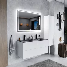 HD Aria Pro Silk Matt White 120 komplett fürdőszoba bútor szett fali push-to-open mosdószekrénnyel, matt fekete slim mosdóval, tükörrel és magasszekrénnyel