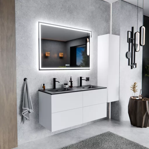 HD Aria Pro Silk Matt White 120 komplett fürdőszoba bútor szett fali push-to-open mosdószekrénnyel, matt fekete slim mosdóval, tükörrel és magasszekrénnyel