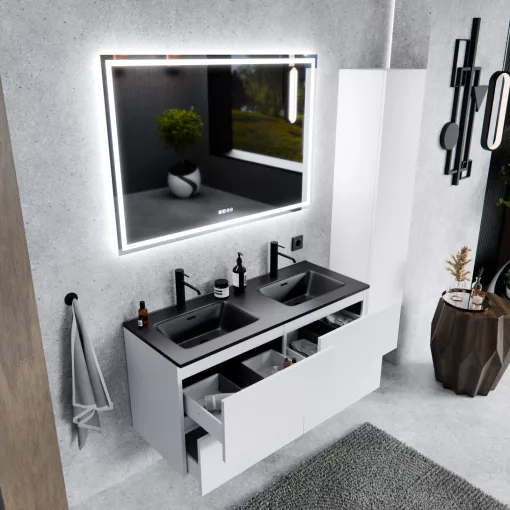 HD Aria Pro Silk Matt White 120 komplett fürdőszoba bútor szett fali push-to-open mosdószekrénnyel, matt fekete slim mosdóval, tükörrel és magasszekrénnyel