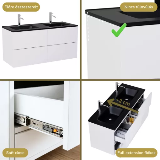 HD Aria Pro Silk Matt White 120 komplett fürdőszoba bútor szett fali push-to-open mosdószekrénnyel, matt fekete slim mosdóval, tükörrel és magasszekrénnyel