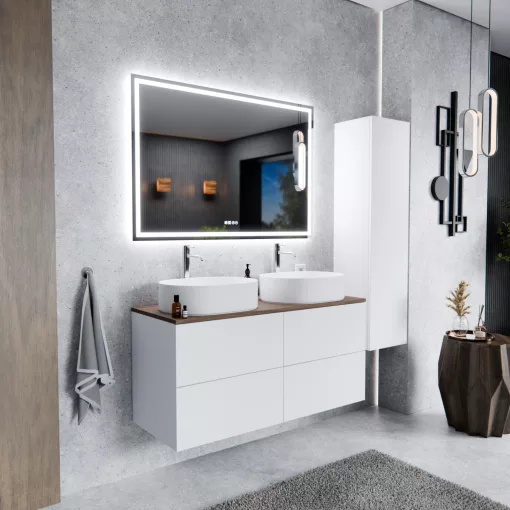 HD Zyra Pro Silk Matt White 120 fali mosdószekrény, push-to-open mechanizmussal, tölgyfa színű mosdópulttal