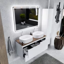 HD Zyra Pro Silk Matt White 120 fali mosdószekrény, push-to-open mechanizmussal, tölgyfa színű mosdópulttal