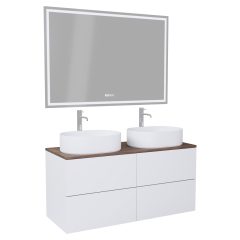   HD Zyra Pro Silk Matt White 120 komplett fürdőszoba bútor fali push-to-open mosdószekrénnyel, tölgyfa színű mosdópulttal és tükörrel