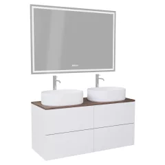   HD Zyra Pro Silk Matt White 120 komplett fürdőszoba bútor fali push-to-open mosdószekrénnyel, tölgyfa színű mosdópulttal és tükörrel