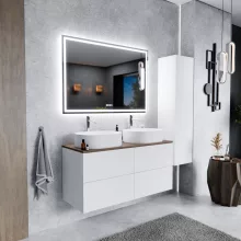 HD Zyra Pro Silk Matt White 120 komplett fürdőszoba bútor fali push-to-open mosdószekrénnyel, tölgyfa színű mosdópulttal és tükörrel