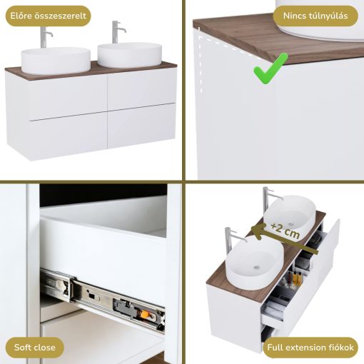 HD Zyra Pro Silk Matt White 120 komplett fürdőszoba bútor fali push-to-open mosdószekrénnyel, tölgyfa színű mosdópulttal és tükörrel