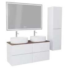 HD Zyra Pro Silk Matt White 120 komplett fürdőszoba bútor szett fali push-to-open mosdószekrénnyel, tölgyfa színű mosdópulttal, tükörrel és magasszekrénnyel