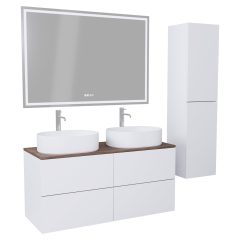   HD Zyra Pro Silk Matt White 120 komplett fürdőszoba bútor szett fali push-to-open mosdószekrénnyel, tölgyfa színű mosdópulttal, tükörrel és magasszekrénnyel