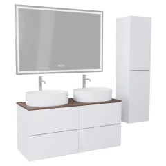   HD Zyra Pro Silk Matt White 120 komplett fürdőszoba bútor szett fali push-to-open mosdószekrénnyel, tölgyfa színű mosdópulttal, tükörrel és magasszekrénnyel