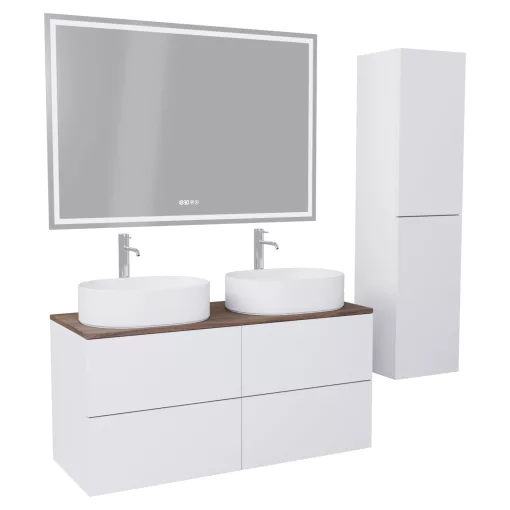 HD Zyra Pro Silk Matt White 120 komplett fürdőszoba bútor szett fali push-to-open mosdószekrénnyel, tölgyfa színű mosdópulttal, tükörrel és magasszekrénnyel