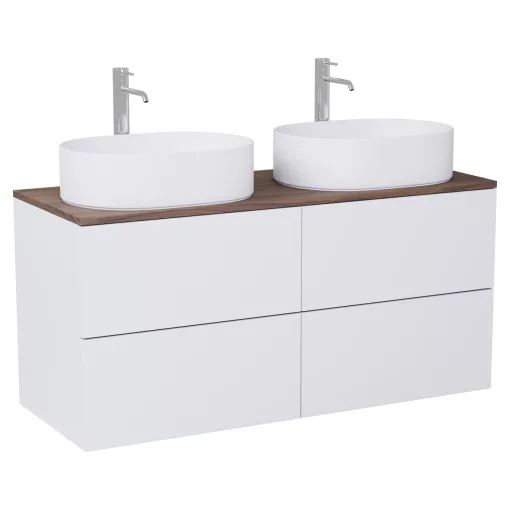 HD Zyra Pro Silk Matt White 120 komplett fürdőszoba bútor szett fali push-to-open mosdószekrénnyel, tölgyfa színű mosdópulttal, tükörrel és magasszekrénnyel