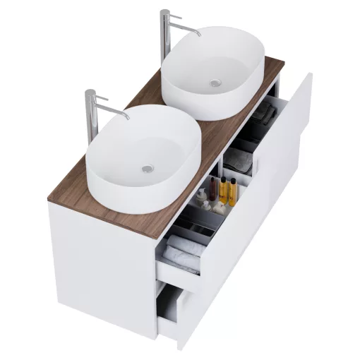 HD Zyra Pro Silk Matt White 120 komplett fürdőszoba bútor szett fali push-to-open mosdószekrénnyel, tölgyfa színű mosdópulttal, tükörrel és magasszekrénnyel