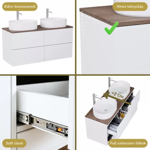 HD Zyra Pro Silk Matt White 120 komplett fürdőszoba bútor szett fali push-to-open mosdószekrénnyel, tölgyfa színű mosdópulttal, tükörrel és magasszekrénnyel