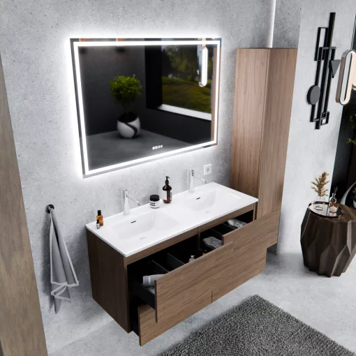 HD Aria Pro Oak 120 fali mosdószekrény, push-to-open mechanizmussal, fényes fehér slim mosdóval