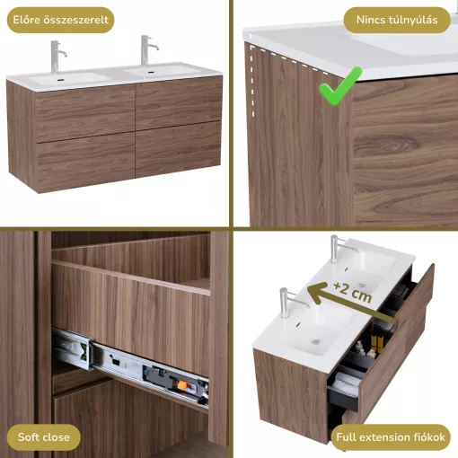 HD Aria Pro Oak 120 fali mosdószekrény, push-to-open mechanizmussal, fényes fehér slim mosdóval