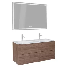 HD Aria Pro Oak 120 komplett fürdőszoba bútor fali push-to-open mosdószekrénnyel, fényes fehér slim mosdóval és tükörrel