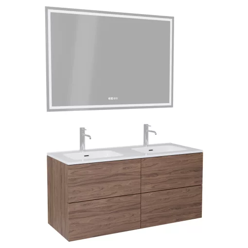 HD Aria Pro Oak 120 komplett fürdőszoba bútor fali push-to-open mosdószekrénnyel, fényes fehér slim mosdóval és tükörrel
