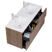 HD Aria Pro Oak 120 komplett fürdőszoba bútor fali push-to-open mosdószekrénnyel, fényes fehér slim mosdóval és tükörrel