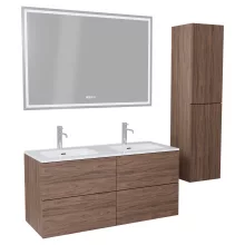 HD Aria Pro Oak 120 komplett fürdőszoba bútor szett fali push-to-open mosdószekrénnyel, fényes fehér slim mosdóval, tükörrel és magasszekrénnyel