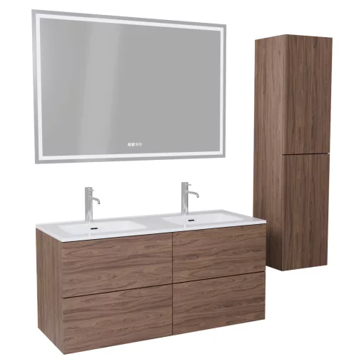 HD Aria Pro Oak 120 komplett fürdőszoba bútor szett fali push-to-open mosdószekrénnyel, fényes fehér slim mosdóval, tükörrel és magasszekrénnyel