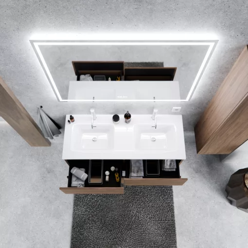 HD Aria Pro Oak 120 komplett fürdőszoba bútor szett fali push-to-open mosdószekrénnyel, fényes fehér slim mosdóval, tükörrel és magasszekrénnyel