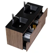 HD Aria Pro Oak 120 fali mosdószekrény, push-to-open mechanizmussal, matt fekete slim mosdóval