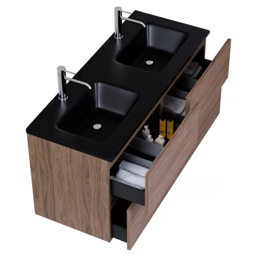HD Aria Pro Oak 120 fali mosdószekrény, push-to-open mechanizmussal, matt fekete slim mosdóval