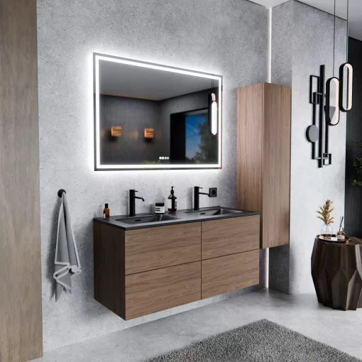 HD Aria Pro Oak 120 fali mosdószekrény, push-to-open mechanizmussal, matt fekete slim mosdóval