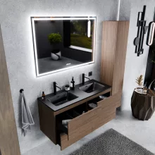 HD Aria Pro Oak 120 fali mosdószekrény, push-to-open mechanizmussal, matt fekete slim mosdóval