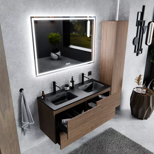HD Aria Pro Oak 120 fali mosdószekrény, push-to-open mechanizmussal, matt fekete slim mosdóval