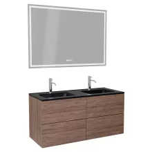 HD Aria Pro Oak 120 komplett fürdőszoba bútor fali push-to-open mosdószekrénnyel, matt fekete slim mosdóval és tükörrel